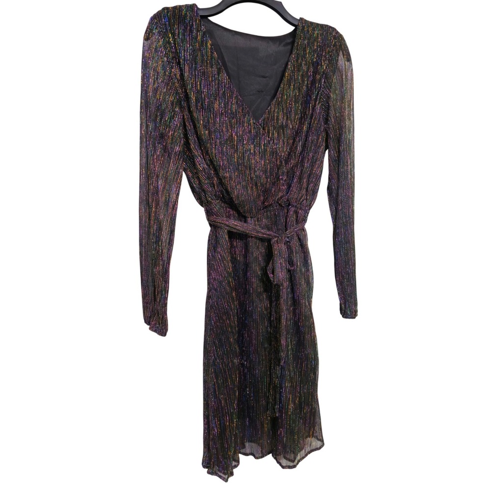 Black Sparkle Wrap Dress Metallic Sheen Midi Size M Cocktail Party Christmas EUC